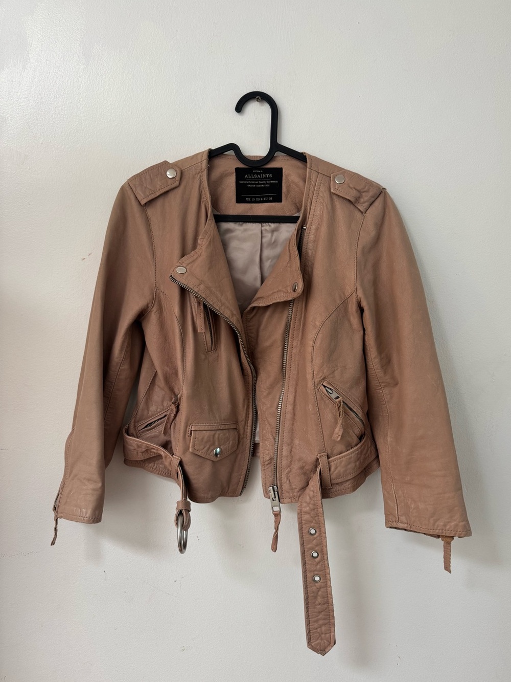 ALL SAINTS pink leather shrunken cropped biker jacket VERY SMALL